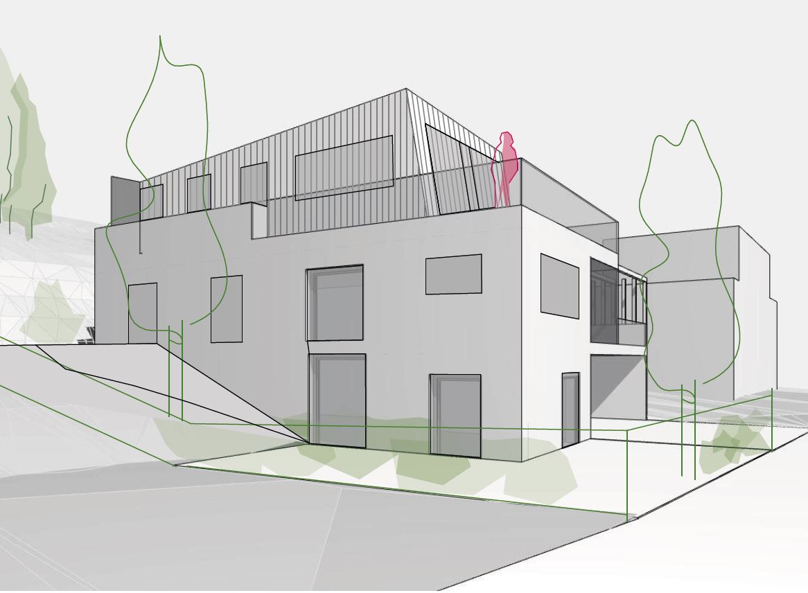 Studie Wohnhaus für drei Parteien, Aldrans bei Innsbruck, Perspektive von der Straße Nordost